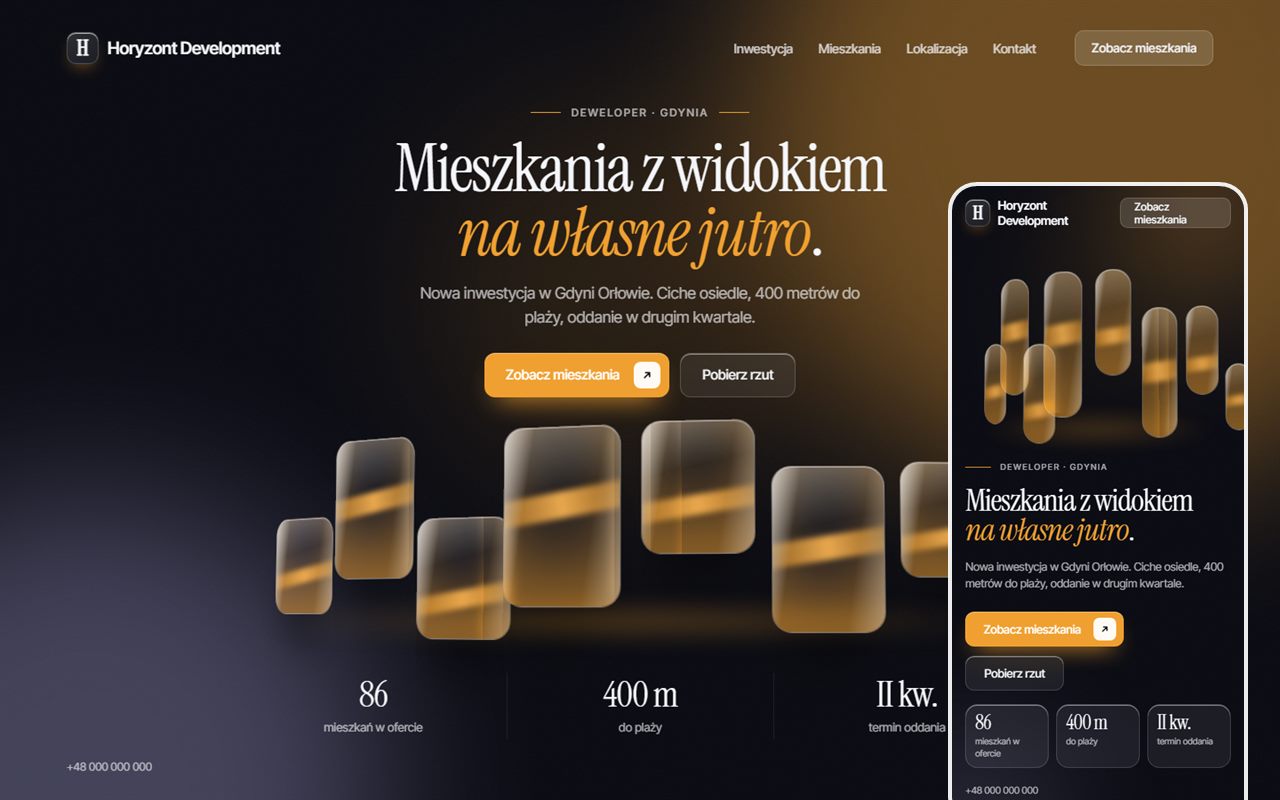 Przykładowa makieta strony 3D dla fikcyjnej marki: Horyzont Development