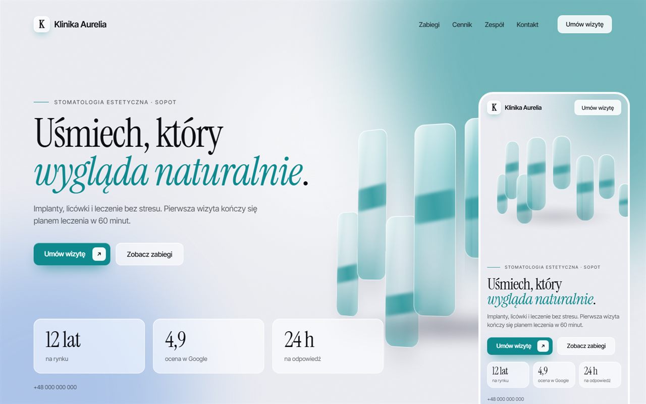 Przykładowa makieta strony 3D dla fikcyjnej marki: Klinika Aurelia