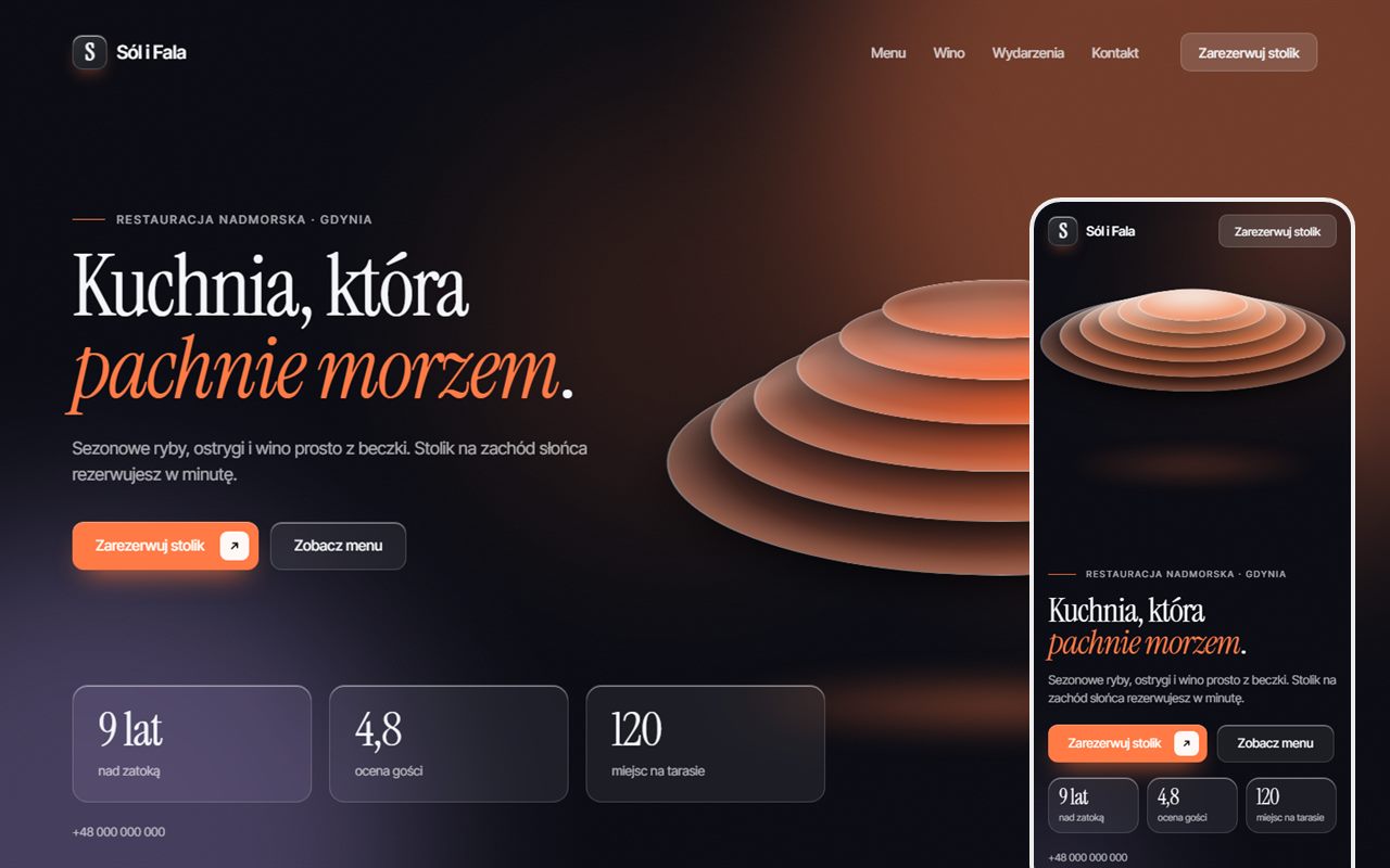 Przykładowa makieta strony 3D dla fikcyjnej marki: Sól i Fala