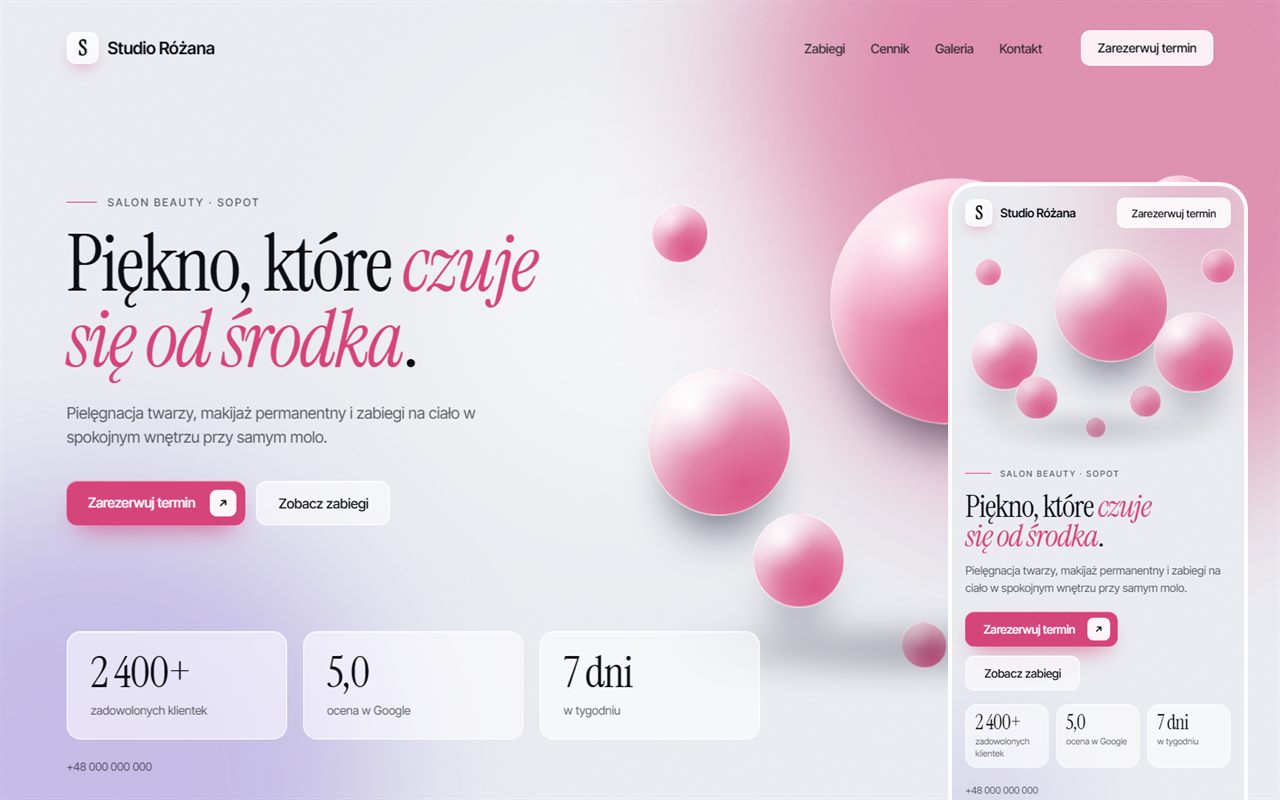 Przykładowa makieta strony 3D dla fikcyjnej marki: Studio Różana